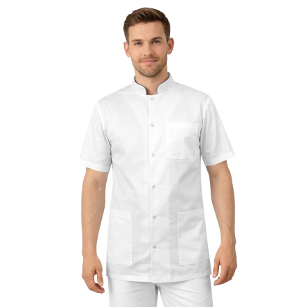 Bluza medyczna męska ze stójką biała ze stójką szarą krótki rękaw roz.M – bluza medyczna – bluza lekarska robocza